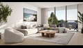 Photo realistic image of the living room with blacony view in a Merchant Townhome