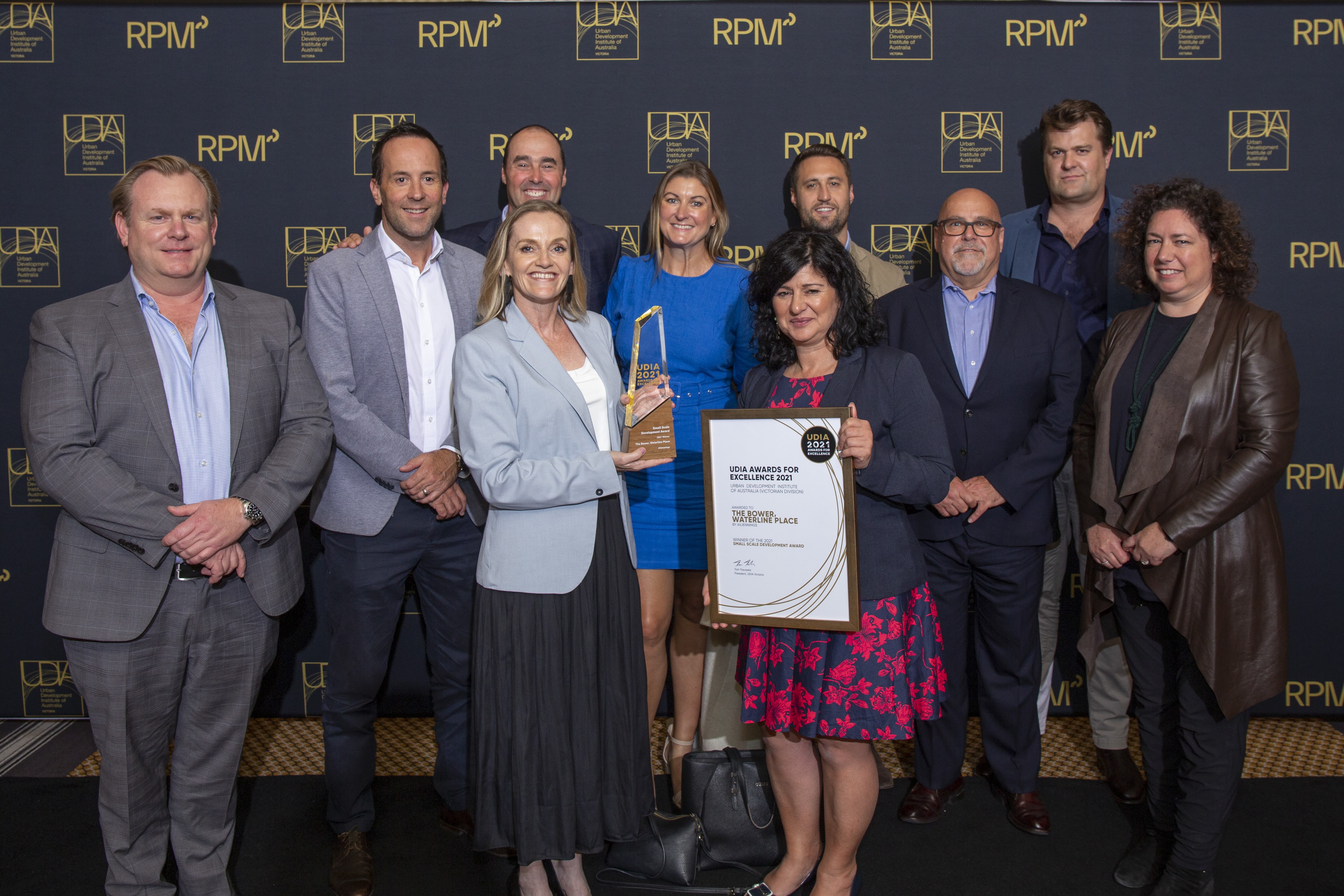 The AVJennings Waterline Place project team receiving the 2021 UDIA award for Best Small Scale Development - The Bower Residences 